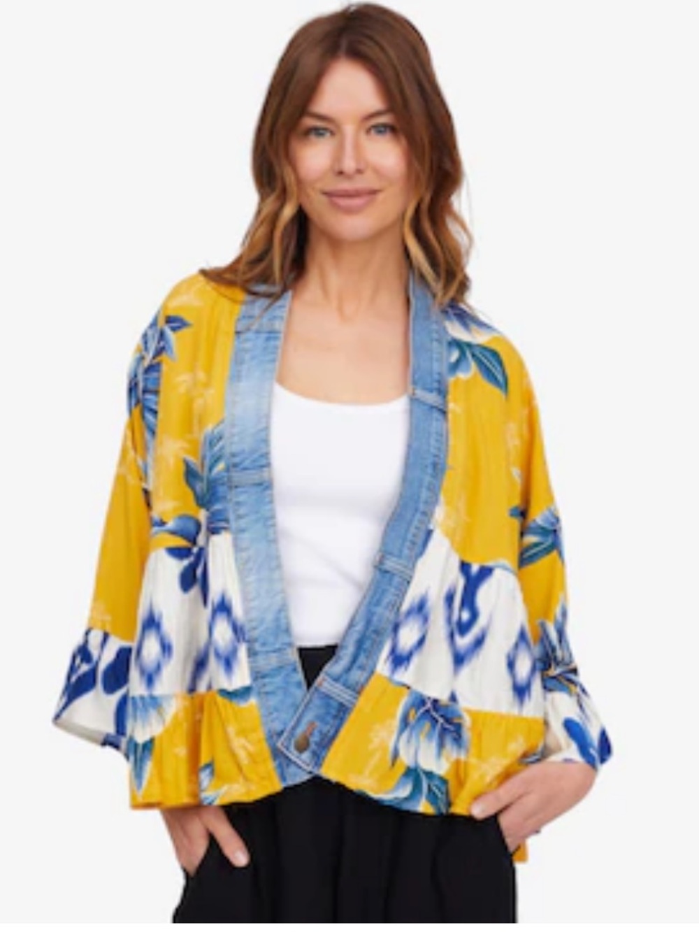 Shannon Passero Cardi Shannonn Patchwork Kimono Jacket O/S Floral Denim Dopamine